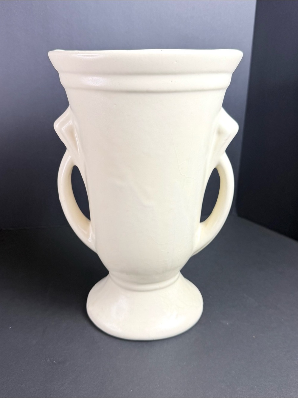 Vintage Abington Art Pottery USA Cream White Two Handled Vase Urn 1930s Deco 10"